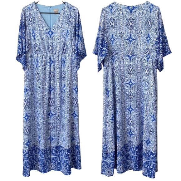 CHICO'S Kimono Maxi Dress Medallion Print Blue Size 8 Front Slit V Neckline Boho - Picture 1 of 7